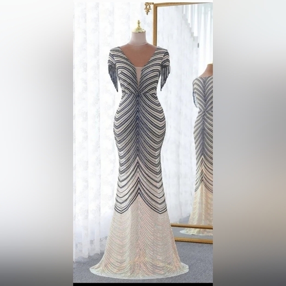 Navy/Ivory , Short Rhinestone Sleeves,  Sequined,  V Neck, Mermaid Maxi … - Picture 14 of 16